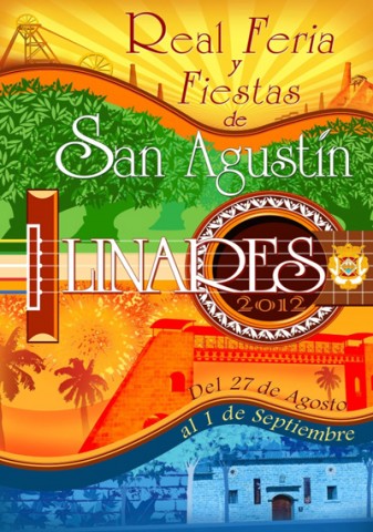 El cartel escogido en el Concurso del ao 2012, de entre los treinta y tres presentados, fue el titulado Nuestra bandera en feria realizado por Juan Esteban Daz y Antonio del Arco. Destaca el uso de un llamativo colorido que recoge las tonalidades de nuestra bandera: amarillo, verde, blanco, rojo y por ltimo el azul, que incluso aparecen reflejados en el detalle de las cuerdas de la guitarra, elemento este ltimo, que conmemora el veinticinco aniversario de la muerte del guitarrista Andrs Segovia. Utiliza otros elementos representativos de Linares, como las referencias al patrimonio minero, con sus cabrias y chimeneas, o los olivos, el prtico del Ferial y, por primera vez, El Psito, el nuevo espacio musestico inaugurado el 11 de marzo de 2011.