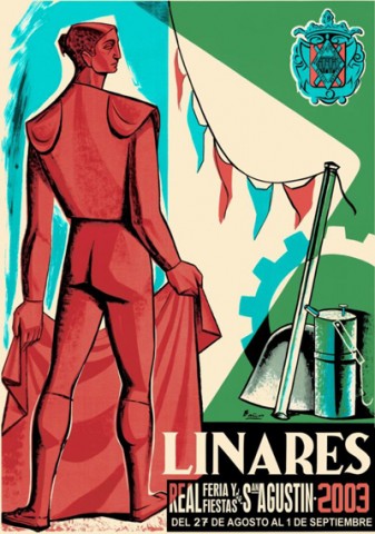 Ser el cartel de Feria de 1959 el que vuelva a representar la feria de 2003. Podra pensarse que es un homenaje que se le rinde al ilustre pintor linarense Paco Baos, pero es la escasa calidad del Concurso de Carteles de Feria de Linares lo que obliga al jurado a declararlo desierto. Como citamos al hablar del cartel de 1959, representa la imagen de un torero, identificado por sus rasgos con 'Manolete', que cogi los trastos de matar por ltima vez en el coso de Linares en 1947. Se aade el trmino Real que acompaa a la feria de Linares desde 1997. La tirada de programas de feria fue de 2.500 ejemplares.