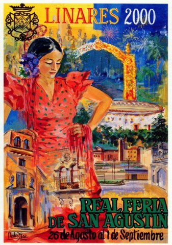 La fiesta, representada con la mujer vestida de gitana y el arco ferial, junto con otros elementos identificativos de la ciudad como la nueva plaza del Ayuntamiento, la Casa de la Municin y una mencin especial a los museos linarenses como el Arqueolgico de Cstulo o el de Andrs Segovia son las imgenes que, el pintor autodidacta, Pedro Daz Delgado, diseador profesional para la fbrica de envases Carnau y encargado de rehacer el logotipo de la marca Carbonell, utiliz para ganar el certamen de Carteles de Feria de Linares en este ao 2000. En otras tres ocasiones ms se alzara con tan apreciado galardn: en el vigsimo aniversario de la muerte de Manolete fue suyo el cartel de 1967; otro que tuvo como motivo la Fuente del Pisar (1974) y un tercero sobre el mapa andaluz (1978). Como nota adicional, apuntar que este mismo ao 2000 realiz adems el cartel de la Asociacin de Gloria de Nuestra Seora del Roco.