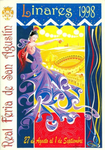 Con el ttulo de Evocacin, Antonio Jess Jerez gana por primera vez el Concurso de Carteles de Feria de Linares del ao 1998. Se trata de una composicin que nos recuerda los carteles de la dcada de los cuarenta. Al igual que en aquellos carteles clsicos de la feria de Linares, ahora se nos representa a una mujer que baila con un traje de faralaes morado que se diluye en un fondo amarillo, y en el que la visin de unos monumentos distorsionados nos traslada a la feria de las ferias de la provincia de Jan. Para concluir vemos cmo el artista representa la bandera de nuestra ciudad utilizando unas guirnaldas o serpentinas de colores.