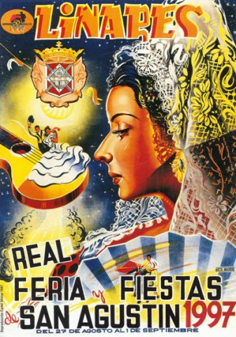 Puede que en el  ao 1997,  el jurado del Concurso tuviera ms difcil su eleccin para el cartel y programa de Feria de Linares. La celebracin del 50 Aniversario de la muerte de Manolete trajo consigo la celebracin de multitud de actos, exposiciones y concursos. De los veintin proyectos presentados al Concurso de Carteles de la Feria de Linares en 1997 ninguno cumpli la calidad y las caractersticas buscadas por el jurado del concurso. Cierto es que se lleg a plantear el remodelar alguno de los presentados, pero se opt por reproducir el de 1947, Ciri, del madrileo Juan Cuevas Martnez. Esta obra fue destacada con un premio especial, al declararse desierto el segundo puesto del Concurso del Cartel Anunciador de la Feria y Fiestas de San Agustn de 1946. El 2 de agosto se present dicho cartel, al que se le realizaron ciertas modificaciones, siendo la ms destacada la incorporacin del trmino Real que fue incorporado este ao a la Feria de Linares. El tema, como vemos, es una mujer de perfil con una hermosa mantilla blanca que observa a una pareja bailando sobre una guitarra, mientras se hace aire con un abanico de motivos taurinos.