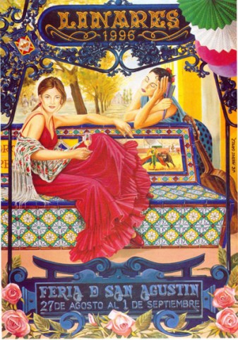 Tal vez este cartel sea uno de los ltimos que podamos considerar como verdadera obra de arte, tanto por la tcnica utilizada como por su temtica. El ganador del Concurso de Carteles de la Feria de Linares de 1996 fue el conocido pintor linarense Juan Carlos Mateo Gmez, con este proyecto llamado Flamencas sobre banco, donde es representada la feria de da a travs de una joven vestida con traje de gitana rojo, una copa de fino en su mano y sentada sobre un tpico banco del Paseo de Linarejos con motivos taurinos; por el contrario, la feria de noche es representada por la joven de traje azul con lunares, que descansa recostada, al igual que una olvidada guitarra, sobre el mismo banco. El segundo premio del concurso de carteles de este ao recay sobre Jos Manuel Fernndez Arillo.