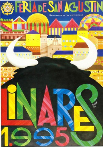 Por tercera vez, y siendo esta la segunda consecutiva (1981-1994-1995), Joaqun Ortega, Horgat, logra ganar el Concurso de Carteles de Feria de Linares de 1995. Con su proyecto Ferias y Toro, Horgat se alz ganador ante los veinticuatro proyectos presentados, aunque slo se expusieron once en el Patio de Cristales del Ayuntamiento. Respecto al programa-cartel destaca la figura, en primer plano, del toro, smbolo por antonomasia de la feria taurina, que en el caso de Linares es la ms importante a nivel provincial. Apreciamos, tambin, el contraste con el segundo plano del cartel: el colorido de un mar de techos y tejados de los edificios y casetas rematados por la presencia de atracciones y una gran noria. De este cartel anunciador de la Feria se editaron 2.000 ejemplares que se enviaron por toda Andaluca.