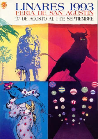 El jurado calificador del Concurso de Carteles para la Feria de Linares de 1993, que cont con el asesoramiento del pintor local Juan Jos Jdar y del galerista Eduardo Palomares, consider oportuno premiar la obra del pintor linarense Santiago Tirado Franco, quien se impuso sobre los veintiocho proyectos presentados, muchos de ellos defendidos por autores linarenses como Juan Antonio Llobregat, con su obra La traca, Julin Arvalo, con A vista de pjaro, Daniel Morales, con Linares suena a Feria y N. Snchez con Guitarra; tampoco faltaron otros artistas como Paloma Colomer y su Feriagosto o el ganador del cartel de 1981, Joaqun Ortega Horgat, con La Terna. Centrndonos en el ganador, Cuatro smbolos para una Feria, vemos como de las cuatro cartelas que separa la obra, ocupa un lugar primordial la escultura de Andrs Segovia, ya que en este ao se celebraba el centenario de su nacimiento. Otros elementos que le acompaan son la tpica mujer bailando flamenco, un bravo toro, smbolo de la feria taurina y unos farolillos, elementos indispensables en las casetas feriales.