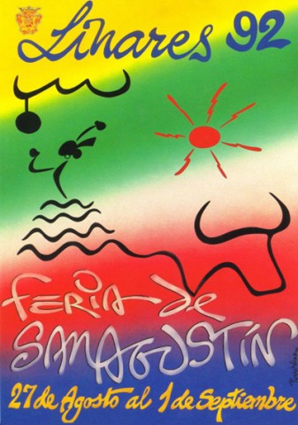 Tal vez el premio del Concurso de Carteles de Feria de Linares en 1992 sorprendi ms al joven ubetense aficionado a la pintura, Francisco Martnez Muela, que a los propios linarenses. Por aquel entonces el autor ejerca como profesor de ingls en el IES Cstulo de Linares. Su obra cae en los ya clsicos tpicos que se repiten, una y otra vez, en el Concurso, con la salvedad de que esta vez representa a la mujer, el baile, el toro y el sol de una forma distinta a la que normalmente estbamos acostumbrados. El toque fluido, esquemtico y trazo veloz nos traslada a un dibujo primitivo, espontneo e ingenuo, aderezado con colores muy brillantes, alejado de cualquier pintura de corte acadmico. Por ltimo, destacamos la leyenda, pues parece que el autor no pudo eludir la influencia que recibamos, en aquellos aos, en los que Sevilla fue la sede de la Expo 92 y Barcelona la organizadora de la primera Olimpada en suelo espaol. Tal vez por ello junto al escudo aparece llanamente Linares 92.