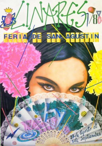Por tercera vez consecutiva es una obra de Jos Antonio Gmez Valera, Goval, la que representar la Feria de Linares. En 1988 y tras tres aos sin convocar el Ayuntamiento de Linares el Concurso de Carteles de Feria, se retoma esta tradicin en la que participaron 20 proyectos, de los que fueron seleccionados siete candidatos, siendo el elegido por el jurado el titulado Una feria abierta a todos del mencionado Goval. En el cartel aparece una mujer tocada con claveles, rosa y amarillos, y grandes pendientes circulares verdes. Tapa su rostro con un abanico, en donde se representa la entrada al prtico ferial. La intensa mirada de sus ojos marrones, bajo las marcadas y largas pestaas, nos anima a visitar la feria, recordando al cartel mural que se utiliz en 1951.