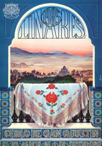 Este ao tiene dos peculiaridades: en primer lugar, no se realiza Concurso de Carteles y, en segundo lugar, es el ltimo ao que coincide la imagen del cartel mural y programa de mano, que se retomar nuevamente en 1988. Mariano Lozano Mateo, director de la Universidad Popular, es el autor del cartel y programa. La temtica de los mismos es la visin, desde un balcn, de la silueta de edificios populares de Linares en un bello atardecer; la presencia de un mantn de Manila, decorado con varios claveles, nos parece avisar de la inminente Feria. Este ao se realiza el Concurso Infantil de Carteles, ganado por Nieves Torres Jimnez. En su boceto se ve un arlequn que, provisto de dos cohetes, arrastra elementos representativos -para la nia- de la diversin en feria. Dicho boceto figura impreso en el programa de mano de 1985.
