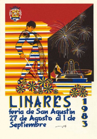 La falta de calidad de los bocetos presentados para el Concurso de Carteles de Feria de Linares, en 1983, hace que se declare desierto el primer premio y se conceda el segundo a Mara Sol Navarro Bernal, probable autora del programa de mano. ste representa a un torero con capa y espada en mano y unos esbozados edificios monumentales linarenses sobre fondo negro. Como curiosidad, es la primera vez que aparece el Monumento-Fuente de la Constitucin. Son duros los comentarios que se realizan por parte de la prensa al jurado del Concurso. Al no existir un primer premio se intent reproducir el cartel de Serrano Cuesta de 1953, pero el alto coste de su impresin hizo que se desestimara. La segunda opcin, encargada a Pedro Daz Delgado, fue arreglar el programa de mano que la valenciana Imprenta-Litografa Ortega confeccion para la feria de Linares en 1934 y utilizarlo ahora en 1983. El autor original de la litografa fue el tambin valenciano Ruano Llopis, de posible inspiracin en la dcada de los aos veinte. 