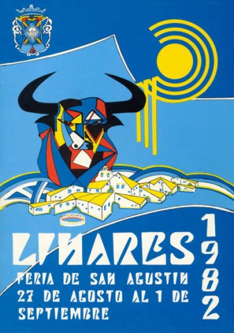El primer premio del Concurso de Carteles de Feria de Linares de este 1982 es el confeccionado por Jos Rodrguez Mndez. En l se muestra a una mujer con brazos extendidos que al bailar nos da la espalda. En los pliegues de su traje de gitana aparece el lema Linares Feria de San Agustn. El segundo premio, que sera el que ilustra los programas de mano, fue concedido a Mara Sol Navarro Bernal. La cabeza de un toro corniapretado y multicolor, en actitud desafiante, parece darnos la bienvenida a la ciudad de Linares, en la que encontramos la Ermita de Linarejos y la Plaza de Toros. El sol inclemente se representa por unas ondas amarillas, en seal de los calurosos das de Feria. Como nota anecdtica, este cartel slo se entregaba en el Ayuntamiento a personas mayores ya que en multitud de ocasiones eran utilizados para jugar por la chiquillera 