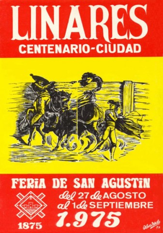 En el centenario de la concesin del ttulo de ciudad, ser Jos Luis Alvarado Rus quien se encargue de confeccionar el cartel y el programa de la Feria de Linares en 1975. Aunque se podra haber elegido un tema directamente relacionado con la celebracin del centenario, se opta por representar, dentro de una bandera espaola, el tercio de varas de una corrida de toros del siglo XIX, donde el torero y un subalterno intentan alejar al toro que embiste a un asustado picador y su montura. Este mismo ao se produce, tambin, el hermanamiento de Linares, de Andaluca, con el Linares chileno. Y aunque se plante realizar un festejo taurino para celebrar el centenario tampoco se lleg a realizar.