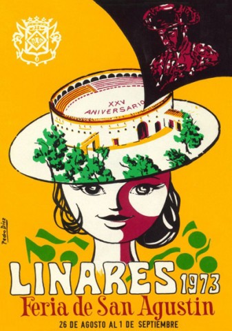 El cartel anunciador que decorar las paredes y escaparates de los establecimientos de nuestra ciudad en 1973 fue, el que un ao antes se destin a programa de mano, obra de M. Gutirrez, segundo premio del ao 1972. Destacamos que desde el Ayuntamiento se realizaban envos de carteles a ms de cien poblaciones espaolas, e incluso muchos extranjeros, atrados por la fama que an tiene Linares por la muerte de Manolete,  remiten el importe en sellos para que se les enven programas de feria y carteles taurinos. El programa de mano de este ao es el que realiz Pedro Daz Delgado, y que un ao antes se utiliz como cartel anunciador de la feria de 1972. Sobre fondo amarillo representa una mujer ataviada con un gran sombrero cordobs que simboliza la plaza de toros de Linares con los rboles que la rodean. De la arena del coso vemos cmo aparece una evocacin al diestro Manolete y una leyenda representando el 25 aniversario de su fatdica cogida. Inaudito error, porque no es en 1973 cuando se cumpla dicho aniversario sino un ao antes.