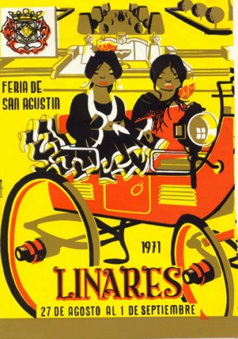 Muy comentado por la prensa provincial del momento fue el curso de serigrafa organizado, especialmente, para la realizacin de programas y carteles en 1971. La imagen seleccionada para ilustrar la Feria de este ao fue realizada por M. Gutirrez. Su proyecto representa una antigua imagen del pasado, cuando en la feria de Linares era normal ver a hermosas y engalanadas mujeres acudir a actos sociales, corridas de toros, o pasearse sentadas sobre slidas carrozas tiradas por hermosos corceles, participando ocasionalmente en desfiles por las calles aledaas al recinto ferial. En segundo plano de la composicin observamos el acceso principal a los hermosos jardines de Santa Margarita, pulmn verde de las agosteas tardes linarenses. Por ltimo, sealamos tambin la presencia, esbozada, de la fuente principal donde se encuentran los bustos de los Marqueses de Linares.