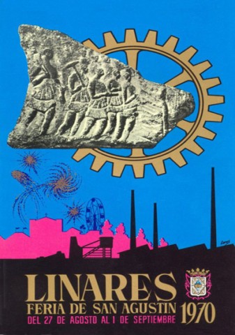 El eje central del cartel-programa de Feria de este ao 1970 es el avance que mueve Linares. Por ello, es manifiesta la presencia de alusiones a la industria linarense. La tcnica utilizada es un collage donde se utiliza una fotografa del bajo relieve en piedra, que representa la entrada de varios trabajadores a la legendaria mina de Palazuelos. Un gran engranaje dorado ocupa la parte central, seal de que el eje histrico de Linares sigue centrado en su riqueza minera, an con la presencia compartida de las naves de Metalrgica Santana Motor. Los nicos elementos festivos que vemos son la gran noria y los fuegos artificiales iluminando la noche linarense. El autor es Jos Mara Gorospe Goros, que haba sido el encargado de ilustrar los dos aos anteriores la Feria de Linares. Otro elemento curioso que contiene el programa es el escudo de la ciudad que altera la disposicin de su lema.