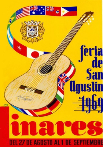 El genial guitarrista linarense Andrs Segovia entusiasm al pblico de medio mundo con sus innumerables conciertos. Pareca sorprendente que la figura de un linarense que, en palabras de Prez Comendador, estaba entre Beethoven y Goya, levantara al pblico de un inmenso escenario nada ms que con los sones de su guitarra. Esa guitarra, autografiada, es el elemento con el que Jos Mara Gorospe, Goros, rinde un merecido homenaje al hijo predilecto de Linares. Alberto Lpez Poveda, bigrafo del msico universal, compar este cartel de la Feria de 1969 con esa guitarra mgica que recorre todos los paralelos y meridianos del mundo. Como una curiosidad ms destacamos que el ao aparece sobrescrito en un pentagrama musical.