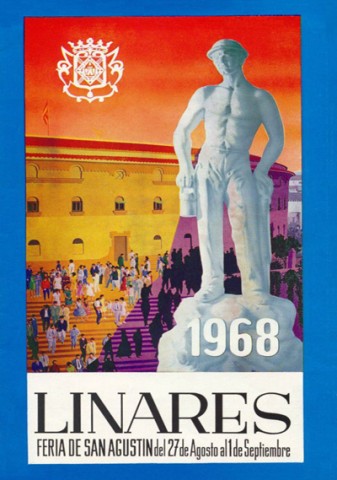 El monumento que se levant para ser orgullo de nuestro pueblo, y hasta no hace mucho fue el prtico de entrada a nuestra ciudad, fue obra del escultor Vctor de los Ros. En 1968, cuando el potencial econmico de las minas se encontraba en horas bajas, es el momento elegido por las autoridades para alzar este monumento a los hombres, mujeres y nios/as que pasaron su vida dependiendo de la mina. Como homenaje, el cartel de feria plasmar este ao la figura hecha en piedra del hombre-smbolo de esa dura y arriesgada profesin. El autor del mismo fue Jos Mara Gorospe, vicepresidente del Grupo de Educacin y Descanso de OLMESA (Oleo Metalgrfica del Sur) en 1969. Segn el propio Gorospe, este cartel consiste en lo siguiente: como fondo una vista de la plaza de toros de Linares, con una salida triunfal de esas tardes rojizas de sol, de calor, reflejado en el publico y en primer trmino el monumento al minero trabajado en tonos grises. El mismo autor colaborara tambin en las vietas del interior del programa.