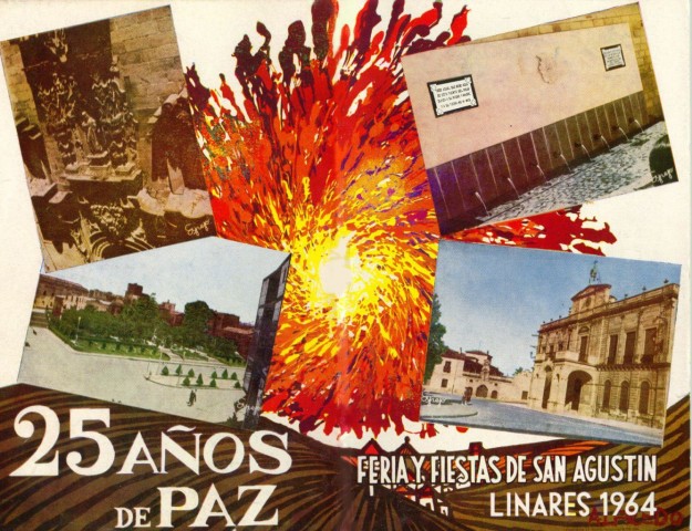 El resultado del Concurso para confeccionar el Cartel de la Feria y Fiestas de San Agustn de 1964 dio como ganador al sevillano J. lvarez Gmez, con su proyecto Smbolos. Representa a una hermosa gitana, que recuerda por la pose al programa de mano de 1946, de cabellos negros, que parece bailar al son de una sevillana. Al igual que se hizo con el Diario Jan en 1961, se intent publicitar la imagen del cartel premiado, esta vez en el ABC, pero el alto coste de esta pretendida publicidad desanim al Ayuntamiento. La falta de calidad fue la tnica predominante en el concurso por lo que se declar desierto el segundo premio. Mencin especial reciben A la Feria, del cordobs, Jos Ojeda Carmona y Marcero, del linarense, Jos Rodrguez Mndez. El programa oficial utiliz la portada y contraportada del mismo para pregonar los 25 aos de Paz. Un pequeo municipio, apenas perceptible en la parte central del programa, parece amenazado por unas oscuras aguas que lo rodea; una explosin simboliza el elemento que las aleja. El cuadro de Alfredo parece querer representar cmo la explosin, alegora de la dictadura, alej el peligro de las poblaciones, y del mismo modo gener el progreso de una ciudad, recogido en las fotografas de Jos Espejo Paredes (1925-2011).