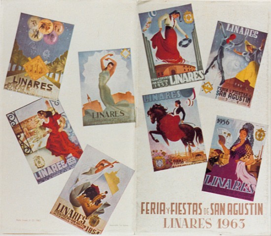 El Cartel Anunciador de la Feria y Fiestas de San Agustn de 1963 parece que se inspir en las atracciones, con un gracioso nio torero de amarillo montando a lomos de un caballo de tiovivo, negro con crines rojas. Su autor fue Rodrguez. Cuarenta y seis aos despus vemos detalles parecidos en la obra del linarense Antonio Jess Jerez, ganador del Concurso de Carteles de Feria de Linares en 2009. Respecto al programa de mano destacamos que en l podemos ver representados los Carteles Oficiales de distintos aos, realizados por uno de los mejores cartelistas andaluces. Hablamos de Manuel Serrano Cuesta, giennense fallecido en este ao de 1963, que fue compaero de pintores tan destacados como los tambin giennenses Rufino Martos, Antonio Povedano, o Rafael Ortega. La Comisin de Festejos del Ayuntamiento de Linares no poda dejar pasar la oportunidad de brindarle un recuerdo a uno de los hombres que dot de imagen a nuestra emblemtica Feria. Entre los carteles de feria que ilustran el programa reconocemos sus primeros premios en el concurso: Bronce Gitano(1944), Alegras (1945), Amazona(1948),Ol(1953) y Madroera (1956). Junto a ellos aparecen Bolero Andaluz de Donato Lobo Garca, ganador del primer concurso en 1942, Luz y Color de Diego Marcos, ganador en 1954 y por ltimo el cartel de 1959 de Jos Ojeda Carmona.