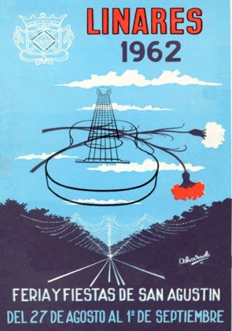 En 1962 se utiliza la ya comentada obra de Salvador Snchez Fernndez -que un ao antes fue utilizada como programa de mano- para imagen oficial del Cartel de Feria de Linares. Para ilustrar el programa de mano de este ao se utiliz el ganador del Concurso del Cartel Anunciador de la Feria y Fiestas de San Agustn de 1961. Nos referimos a la obra de Jos Luis Alvarado Rus. En su proyecto nos muestra una perspectiva del Paseo de Linarejos que nos dirige a un cielo azul, guiados por una incorprea guitarra espaola (en clara alegora al instrumento que alegra la Feria y que lleva el nombre de Linares por medio mundo de la mano de Andrs Segovia) en la que se posan dos claveles, uno rojo y otro blanco. En la parte inferior se representa, en tono sombro, los rboles que decoran los laterales del Paseo de Linarejos; la nica luz que rompe la oscuridad es la proyectada por las cientos de bombillas blancas que parecen delimitar el camino del ferial.