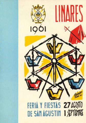 Otra vez vuelve a celebrarse el Concurso para confeccionar el Cartel de la Feria y Fiestas de San Agustn. En esta ocasin, 1961, el ganador es Jos Luis Alvarado Rus. Una de sus obras, sin ttulo,obtendr el merecimiento de convertirse en cartel oficial de esta feria. El programa de mano recaer en el segundo premiado, Mercedes, del ubetense Emilio Snchez Fernndez, autor tambin de algunas de las ilustraciones interiores del programa. El tema del mismo es rompedor, ya que es la primera vez que un elemento destinado a la diversin, como es una noria, es utilizado como figura central. Cierto es que antes de 1961 podemos ver norias en otros programas de mano  en los aos 1942 y 1955- pero le debemos a Emilio Snchez fijar una gran rueda vertical con gndolas que oscilan al girar el eje central, como elemento principal de la Feria de Linares. Lamentablemente, desde hace ya cerca de una dcada los linarenses no pueden vivir ese efecto que el clebre Orson Welles recoge en su pelcula El tercer hombre: que desde arriba ve a las personas como hormigas. La noria parece que ha sido olvidada en pos de nuevos cacharros, pero tal vez los ms romnticos sigan escuchando el rechinar de las cabinas y viendo su silueta iluminando las noches de Feria. Desde este ao tambin es ya frecuente encontrar en la prensa provincial imgenes del cartel oficial de la Feria de San Agustn.