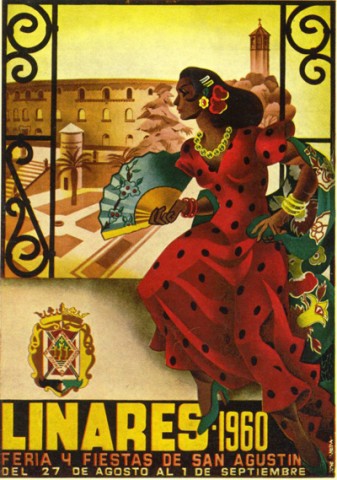 Parece que este ao no se realiz el tradicional Concurso para confeccionar el Cartel de la Feria y Fiestas de San Agustn. Poco sabemos del cartel anunciador por lo que analizaremos el nico dato disponible: el programa oficial de mano. El autor es Jos Ojeda Carmona. El tema elegido es una esplndida mujer morena ataviada con traje de gitana, rojo de lunares negros, junto con un mantn de manila, abanico, un collar y un conjunto de peinetas y pendientes. La figura observa desde un balcn enrejado las vistas de los jardines de Santa Margarita y tras ellos el monumental coso taurino de Linares. Un tanto descontextualizada, sin embargo, aparece la torre de Santa Mara, en la parte superior derecha. Por su calidad ser tambin seleccionado para formar parte del programa de mano de 1963, en homenaje a Manuel Serrano Cuesta.