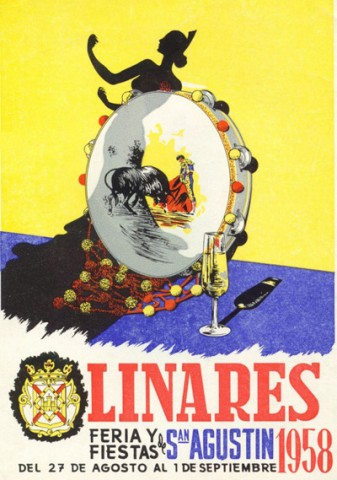 Tras declarar desierto el Concurso del Cartel Anunciador de la Feria y Fiestas de San Agustn en 1957, la Comisin de Festejos del Ayuntamiento de Linares se encarga de buscar proyectos presentados en convocatorias anteriores. La eleccin para el programa de mano de este ao es la obra Pandereta del madrileo Antonio Meneses Fernndez-Miranda, que particip en el Concurso del Cartel Anunciador de la Feria y Fiestas de San Agustn en 1951. Una pandereta que parece olvidada en el fragor del baile, es el tema central de la obra de Meneses. Junto al instrumento, decorado con temas taurinos y madroos de colores, aparece una copa de fino que paciente espera el retorno de la joven que baila, de la cual solo intuimos su sombra reflejada. El cartel mural de este ao es realizado por el ilustre pintor y muralista Francisco Baos.