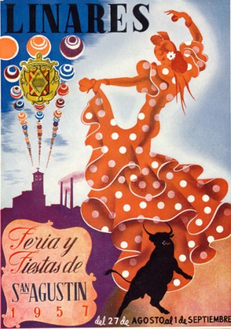 Escaso fue el nmero de participantes del Concurso del Cartel Anunciador de la Feria y Fiestas de San Agustn en 1957. De los nueve proyectos presentados ninguno lleg al nivel exigido por el jurado. De entre ellos destacamos que dos, de estos proyecto presentados, tuvieran como tema el cante de las minas, la 'taranta. Por parte del jurado se opt por recuperar dos proyectos del Concurso del Cartel Anunciador de la Feria y Fiestas de San Agustn de 1951. Los elegidos fueron Fin de Feria, de Luis Ramos de la Rosa, para cartel oficial de este ao 1957. El autor representa una pareja a lomos de una mula ricamente engalanada; el joven, sobre el cual se apoya una risuea mujer, con traje de gitana, sujeta el escudo de Linares con su mano izquierda mientras que con la derecha gobierna las riendas. Color, obra de un autor annimo, es el proyecto utilizado en el programa oficial de mano de 1957. Una mujer vestida con un traje de gitana de lunares (es la primera vez que no se utiliza el traje liso) parece torear, con la bata de cola, un toro negro que embiste levantando la cabeza. En la parte inferior izquierda se representa, en alusin a la minera, unas chimeneas y la Iglesia de Santa Brbara.