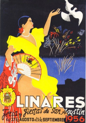 El cartel oficial de este ao es Madroera y presenta una errata. Parece ser que la imprenta se confudi de nombre y en vez de poner Manuel Serrano puso ngel Serrano. El programa de mano de 1956, que aqu vemos representado, es obra de Pablo Coronado y lleva por ttulo Mensaje. Tiene varias peculiaridades, pero entre todas destacamos que es el primer proyecto ganador que utiliza el negro como color predominante en la obra; dicho color facilita el juego de contrastes entre el amarillo del traje de gitana y el blanco de la paloma. Otra peculiaridad que contiene es el gesto regio, serio, casi molesto que transmite la gitana. De hecho, contrasta con los que hemos ido viendo en anteriores programas, y no debemos olvidar que, mayoritariamente, se utiliza a una mujer como reclamo e imagen de alegra, simpata y picarda en una feria. 