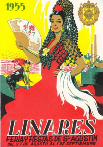 Doce proyectos se presentaron al Concurso del Cartel Anunciador de la Feria y Fiestas de San Agustn de 1955. Entre los lemas elegidos llaman la atencin Noche de San Agustn,  Alegras elevadas o  Piropo; pero el ganador ser el madrileo Pablo Coronado con Mensaje, dotado con 3.000 pesetas y cartel oficial de la feria de este ao. El segundo premio, de 1.000 pesetas, es para Manuel Serrano Cuesta, con Madroera, que se encargar de ilustrar el programa de mano de este ao 1955. El jurado otorg un accsit  de 500 pesetas a Miguel Salmern Pelln, profesor de dibujo de la Escuela de Formacin Profesional de Berja (Almera), con su obra Cartel de Feria. Volviendo al programa de mano, en l destaca una exuberante mujer morena con un ceido traje de gitana rojo. El ttulo de la obra est claramente definido por el adorno de madroos que cubren la peineta, sin olvido del mantn de manila y el abanico, esquemticamente decorado, que porta en sus brazos. No posterga, el autor, la referencia a la feria taurina con un recuerdo a Manolete y su manoletina; tambin hay referencias en la obra a diversas atracciones y diversiones de la feria como son carpas y noria. Para concluir, advertimos el inters de Serrano Cuesta en sealar el carcter minero de Linares. Para ello dota a sus obras, menos en Bronce Gitano, de la presencia de estilizadas y robustas chimeneas.