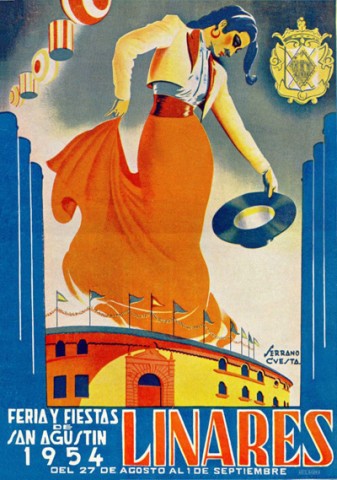 De indiscutible belleza, la obra de Manuel Serrano Cuesta, Ol,  fue ganadora del Concurso del Cartel Anunciador de la Feria y Fiestas de San Agustn en 1953. En ella vemos a una monumental mujer vestida de campera que baila con un hermoso sombrero cordobs en su mano; el 'tablao' sobre el que baila no es otro que la arena de la Plaza de Toros de Linares, donde destacan las reformas realizadas por el propietario del coso, Bernardino Jimnez Indarte, que dot a la plaza del aspecto actual. La Puerta Grande se encuentra cerrada en espera de las faenas gloriosas de los toreros en Feria. No se olvida Serrano Cuesta, tampoco, de escoltar las imgenes centrales con unas estilizadas chimeneas, recuerdo de la industria minera linarense. 