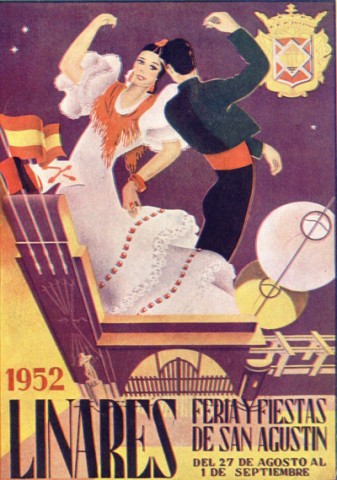 En lugar de utilizar el cartel anunciador de 1951, Manolita, de lvaro Folch Aznar, como programa oficial, se opt por recuperar la obra de Manuel Gutirrez Garca que llevaba por ttulo San Jos. Dicha obra recibi una mencin especial en el Concurso del Cartel Anunciador de la Feria y Fiestas de San Agustn de 1948. Como vemos, se utiliza, al igual que en la obra premiada de Manuel Serrano Cuesta en 1948, el novsimo edificio polideportivo de San Jos. La construccin de dicho espacio deportivo, en la posguerra, sirvi como smbolo propagandstico, conjuntamente con el yugo y la flechas, de la dictadura franquista. Otro elemento iconogrfico destacado es el lanzador de peso, obra escultrica de Francisco Palma Burgos, realizada en 1946. Para concluir, vemos que el toque festivo lo dan dos bailarines, un hombre y una mujer, ataviados con ropa flamenca y campera, que parecen arrancarse al son de una imaginada guitarra. El cartel oficial de este ao es Prometo, de Diego Marcos, a su vez programa de mano del ao anterior.