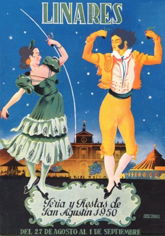 Aunque no se realiza el concurso de carteles este ao, como vena siendo habitual, no nos quedamos sin cartel, ni sin programa de mano. El Cartel oficial parece ser, segn la prensa provincial, Petenera de Guillermo Puya Zorita, programa de mano de 1948 y segundo premio del Concurso del Cartel Anunciador de la Feria y Fiestas de San Agustn del mismo ao. La imagen del programa de mano fue para Siluetas de otros tiempos, de Donato Lobo Garca, que particip con este proyecto en el concurso de 1948. En l vemos a una pareja de bailarines, ataviados con trajes, que difieren bastante de los de chirri y pastira, tpicos en la provincia de Jan. Por su indumentaria recuerdan ms a una pareja rondea y por su baile a una jota serrana. A sus pies vemos una minscula poblacin que celebra su Feria frente al Ayuntamiento, donde no faltan las tpicas atracciones y una carpa de circo. Como elemento curioso vemos que el autor parece que obvi el escudo de Linares. Este hecho vuelve a repetirse en los programas de 1963, 1964, 1976, 1987 y 1990.