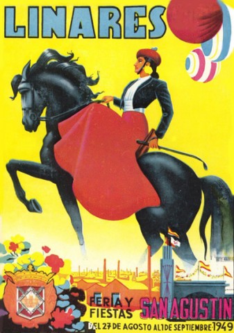 Por primera vez aparece el Polideportivo San Jos como elemento de un programa de feria, aunque no es tratado como elemento central y  aparece acompaado de innumerables naves y chimeneas, que reflejan la industria linarense. Sobre estos elementos se levanta un hermoso caballo negro que, a paso lento, es llevado por una amazona, ataviada con una gran falda roja y un sombrero calas, tpicos en Huelva. Esta obra de Manuel Serrano Cuesta, Amazona, representa un cambio palpable con respecto a los programas anteriores. Transmite firmeza, seguridad y avance de la ciudad del plomo. El cartel mural de este ao no lo ocup, como vena siendo tradicional, el que en 1948 fuera programa de mano, Petenera de Guillermo Puya Zorita. Su lugar lo ocupar una obra del pacense Donato Lobo Garca, con su obra Siluetas de otros tiempos.