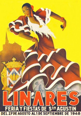 Pasados dos aos, se vuelve a organizar el Concurso del Cartel Anunciador de la Feria y Fiestas de San Agustn. Corre 1948 y concurren catorce proyectos. El aumento de participantes, tal vez, fue causa del aumento econmico de los premios. Manuel Serrano Cuesta se alzar ganador con Amazona, dotado con 2.000 pesetas. Su obra se convertir en cartel oficial de la Feria de 1948. El segundo premio, y dotado de 1.000 pesetas, recae en Guillermo Puya Zorita que nuevamente da el nombre de Petenera a su obra. El jurado vio oportuno premiar otras dos obras ms: San Jos, del linarense Manuel Gutirrez Garca, que ilustrar el programa de mano en 1952, y Cita, del malagueo Luis Ramos Rosa. Ambos recibieron un accsit de 500 pesetas. El programa de mano de este ao es, por tercera edicin consecutiva, obra de Guillermo Puya, segundo premio del concurso de este ao. Vuelve a repetir tema al representar una mujer bailando, similar a una de las bailarinas del programa de 1947. Del mismo modo, este ao se utiliza por tercera vez consecutiva la Ermita de Linarejos como elemento representativo de Linares, que no volver a aparecer hasta el programa de 1953.