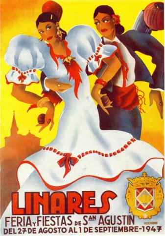 Para cartel oficial de la feria de Linares en 1947 se escoge la obra, ya citada, Ciri, del madrileo Juan Cuevas Martnez. Esta obra fue destacada con un premio especial, al declararse desierto el segundo puesto del Concurso del Cartel Anunciador de la Feria y Fiestas de San Agustn de 1946. El cartel tendra una fama inusitada al coincidir la feria de este ao con la muerte de Manolete. En 1997 se volver a retomar la mencionada imagen. Respecto al programa de mano observamos que es, nuevamente, una obra de Guillermo Puya Zorita, que lleva por ttulo Buleras. Llama la atencin la ruptura de la idea tradicional de movimiento que hemos observado en programas anteriores, donde la mujer suele aparecer bailando sola o con un hombre. En este caso sern dos las mujeres bailando y una de ellas parece asumir un rol masculino, al estar vestida con traje campero, y sujetar a su compaera. Una vez ms aparece la Ermita de Linarejos como elemento arquitectnico que otorga a la obra el toque linarensista. 