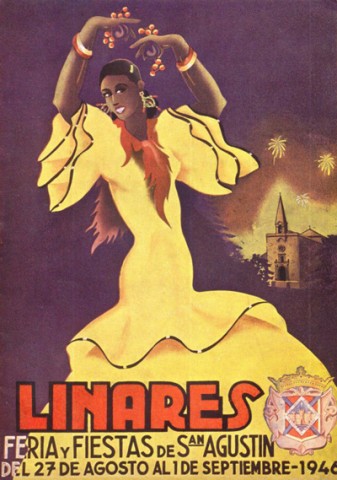 Se conforma nuevamente el Concurso del Cartel Anunciador de la Feria y Fiestas de San Agustn en 1946, participando un total de once proyectos. El primer premio, dotado con 1.200 pesetas, fue para Buleras, de Guillermo Puya Zorita, del regimiento de infantera de Lepanto y residente en Crdoba. Ser el cartel mural de esta feria de 1946. El segundo premio se declara desierto y el jurado reparte el importe del mismo entre las obras El trabajo ennoblece, de Alejando Monteagudo Alczar, de Linares, y Ciri, del madrileo Juan Cuevas Martnez. El programa de mano de este ao ser, no obstante, ilustrado con otra obra no premiada en el concurso, 'Petenera'. que curiosamente tambin es de Guillermo Puya Zorita. Por peteneras parece que baila esta joven muchacha de piel muy morena, que contrasta con los colores rojo de sus alhajas y el amarillo de su traje, tal vez en alusin a la bandera espaola. Como en aos anteriores utilizan un edificio representativo como lo es la Ermita de Linarejos. Esta es la primera vez que vemos el tpico escudo de Linares, presidiendo el lema: 'Linares Feria y Fiestas de San Agustn'.