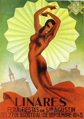 Nuevamente, la obra de Pablo Puertas Sendn es elegida como imagen para el cartel oficial de la Feria de Linares en 1945. Con su obra Alegras, que fuera ganadora del segundo premio en 1944, podemos apreciar, por primera vez, la utilizacin del Paseo de Linarejos como tema central de una obra; unos globos con dibujos alegricos a los actos que se celebran en feria (corridas de toros, carreras de camareros, competiciones ciclistas, bailes y ftbol) llevan un escudo de Linares a un cielo estrellado, iluminado por unos coloristas fuegos artificiales. El programa de mano es el ganador del concurso de carteles de 1944, del autor Manuel Serrano Cuesta. Con el ttulo de Bronce Gitano rinde homenaje a la bailarina y cantante Custodia Romero que, aun siendo natural de Baeza, pas tiempo en Linares al parecer recibiendo clases de Enrique El Jorobado. Del mismo modo, Custodia Romero, sera llamada a convertirse en una de las musas del pintor Julio Romero de Torres. La sensualidad de esta obra, de Serrano Cuesta, nos llama indiscutiblemente la atencin. La firmeza de las curvas y el ceido traje de la bailarina, hace que nos sorprenda el fallo del jurado de un concurso en plena opresin y censura de la dictadura franquista. Acompaando a tan sensual figura aparecen, en la neblina, la Ermita de Linarejos y el Ayuntamiento de Linares.