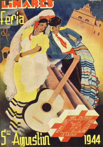 Vuelve a realizarse el Concurso del Cartel Anunciador para la Feria y Fiestas de San Agustn en 1944. Observamos que se produce una bajada considerable en la cuanta de los premios; el primer galardonado obtiene 1.200 pesetas y el segundo la mitad. Los doce proyectos presentados fueron expuestos en la galera principal del Ayuntamiento de Linares. El ganador de este ao, convertido como tal en cartel anunciador, fue Manuel Serrano Cuesta con su Bronce Gitano; el segundo premio lo obtuvo Pablo Puertas Sendn, con Alegras. Una mencin especial recay en Diego Marcos Fuentes, con Excelsi. Curiosamente, ste ltimo, por decisin del jurado, fue utilizado para ilustrar el programa de mano de este ao 1944. En l apreciamos una pareja de giennenses. l vestido de chirri y ella con traje de cola amarillo y peineta con encaje, ocupando el centro del cartel. Elementos arquitectnicos como San Francisco y la Casa del Torren aparecen en un segundo plano. Lo que verdaderamente nos llama la atencin, en esta imagen, es la utilizacin, por primera vez, de una guitarra espaola y cmo se emplea la base de un conjunto de chimeneas -representando la industria minera- para disponer el escudo de la ciudad del plomo, Linares.