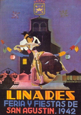 Este ao nos encontramos ya con las bases de un Concurso para confeccionar el Cartel de la Feria y Fiestas de San Agustn. En l se establecen los criterios de participacin, nmero de tintas, tamao, lema (Linares. Feria y Fiestas de San Agustn. 1942) y el premio de 1.500 pesetas de la poca. El anuncio, como se ir realizando ao tras ao, ser remitido a ayuntamientos, crculos artsticos, etc. De entre los diez proyectos recibidos, expuestos en el Casino de Linares, se selecciona el que lleva por ttulo El Bolero Andaluz, del dibujante Donato Lobo Garca, de Badajoz, el cual cometi un error en el escudo que debi subsanar despus. Esta es la imagen que se representar en el Cartel Oficial. Mencin especial y 500 pesetas obtuvo Pablo Huertas Sendn, de Zamora, con su proyecto Perrimplimque es seleccionado para ilustrar el programa de mano. En l, preside el conjunto, entre sombras, la Casa del Torren, flanqueada por las atracciones tpicas de feria. En el centro y ocupando el primer plano se representa una pareja bailando; el personaje femenino es utilizado como pantalla donde se proyecta una escena taurina. 
