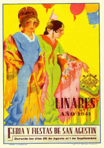 Nuevamente nos encontramos con un ejemplo de cartel tipo de la casa Litografa-Tipografa Hija de Jos Ortega. Como vemos, es un programa carente de lo que podramos llamar espritu linarense, al no mostrar nada especial que nos indique que estamos hablando de la Feria de Linares, salvo el escudo y el lema de su parte inferior. El tema se basa en dos prototpicas mujeres ataviadas con tpicos trajes de faralaes. Una de ellas, con traje azul, parece tener la vista fija en nosotros, mientras su compaera parece estar mirando hacia otro lado; las acompaan unos globos de colores, que rompen el amarillo imperante, y unas guirnaldas rojas enlazadas a unas columnas verdes, que podemos observar en la parte inferior derecha. Este parece ser el ltimo ao que Litografas Ortega se encarga de realizar la publicidad oficial de la Feria de Linares, aunque sus carteles y programas seguirn siendo tpicos en las tardes de feria taurina.