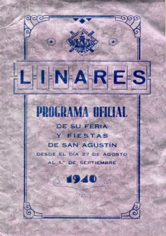 Aunque en 1939 se celebr la Feria de Linares, no sabemos si el Ayuntamiento realiz programa oficial de festejos. Sin embargo, s sabemos que por parte de los comerciantes se confeccion uno. Deberemos, no obstante, esperar un ao ms para poder ver este magnfico programa. Magnfico, no por la decoracin o la temtica, que es nula, sino por el material utilizado y por su lugar de realizacin. La portada, con ser simple, muestra los datos tpicos: leyenda, ao y fechas; mientras que en la parte posterior podemos ver que la empresa encargada de su impresin es la Fbrica San Gonzalo de Linares y la estampacin de una gran guila, smbolo de la dictadura franquista. El material utilizado es el caro y escaso papel metalizado de aluminio, por lo que nos encontramos ante uno de los programas ms raros y curiosos de los que jams se han hecho en y para Linares.