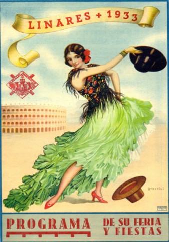Iniciamos este recorrido en el ao 1933, el ms antiguo en color y creacin artstica que se conserva en el Archivo Histrico Municipal de Linares. Existen programas anteriores, como el de 1879, pero carecen de la belleza visual de los que aqu mostramos. Desde mediados de la dcada de 1920 la casa Litografa-Tipografa Hija de Jos Ortega, de Valencia, se encarga de realizar la publicidad de distintas ferias en Espaa. Ya en nuestra ciudad contaba con un representante, Luis Milla Crespo, por lo que no nos extraa que en 1933 el Ayuntamiento se decantara por esta empresa. El programa de feria de este ao nos presenta una mujer con traje de gitana que porta un sombrero cordobs en la mano y otro que es arrojado a sus pies, como se sola hacer a los toreros tras realizar una gran faena taurina. Hablando de plaza de toros, vemos como en segundo plano la que aparece es la de Valencia. El nico elemento, pues, que relaciona el programa con nuestra ciudad es el lema de la parte superior y el escudo. El artista de esta obra, probablemente fuera el valenciano Miguel Martnez Verchil.