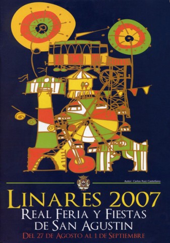 De tierras vascas nos lleg el ganador que obtuvo el triunfo sobre el resto de las treinta y nueve obras presentadas al Concurso de Carteles de Feria de Linares 2007. Todas ellas fueron expuestas, por primera vez, en las instalaciones del Centro de Informacin Juvenil del 'Lugarillo'. El ya ganador de otros concursos de carteles en el Pas Vasco, Carlos Ruiz Castellano, nacido en Durango aunque vecino de Martos, capta de forma figurativa y con reminiscencias infantiles, elementos tpicos de la Feria como los fuegos artificiales, las casetas, la gran noria central o la tpica guitarra espaola, para fusionarlos con elementos del patrimonio minero, como la cabria, la chimenea o el tranva. Parece ser que se cambiaron las tonalidades de la obra a la hora de la impresin, o eso se aprecia en la prensa de 2007. De los colores utilizados, destacamos el contraste entre los amarillos y naranjas con el verde y morado.