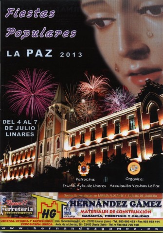 En 2013 se vuelve a plantear la opcin de no realizar la popular fiesta de La Paz. En una reunin de la junta directiva con representantes de las asociaciones de feriantes y el Excmo. Ayuntamiento de Linares, se acord dar el s a la fiesta. La Junta Directiva se ajust un presupuesto, ya de por s mermado, sin embargo no le quit brillantez a la tradicional fiesta de la Barriada de La Paz. La imagen del programa de mano es clsica, nuevamente el Hospital de los Marqueses y el rostro de la Virgen de La Paz.