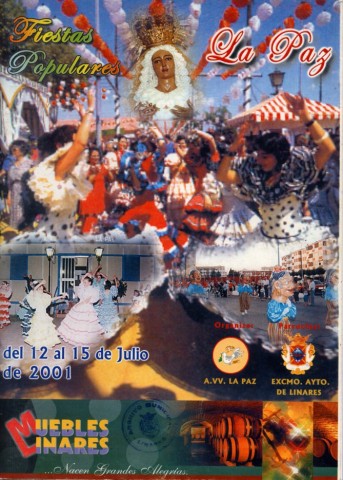 La barriada de La Paz en 2001 recibe una cantidad cercana a los 70 millones de las antiguas pesetas, destinados a subsanar los problemas de cimentacin y mejora de las zonas ajardinadas de la barriada. Desde 1999 se haban invertido ms de 60 millones de pesetas, ejecutando obras en numerosos bloques y plazas, como la de Antonio Machado y Juan Ramn Jimnez. Esto no impide que el Paseo de los Marqueses se convierta en un espacio bullicioso donde los nios, y no tan nios, busquen divertirse en un autntico mar de luces y sonido, generado por las atracciones y donde destacan los coches de choque. Sin la discoteca-mvil aparece un nuevo lugar para la reunin de los adolescentes, se instala una gran carpa nocturna. Respecto a la imagen del programa de mano, se vuelve a utilizar una imagen de la Virgen de la Paz y diversas imgenes de la feria junto al pasacalles de gigantes y cabezudos.