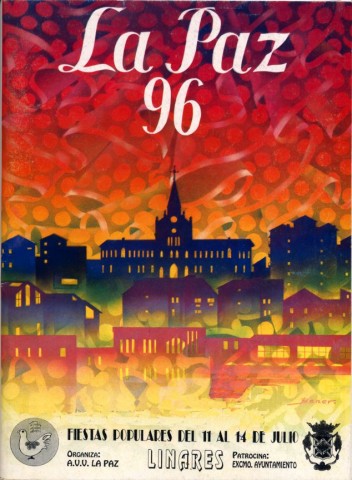 La Asociacin de Vecinos de la Barriada de La Paz ha luchado por la mejora de la barriada y su entorno: El Carmelo, La Barriada del Sol, El Barrio Girn y La Andaluza. No obstante la mayor problemtica en este ao de 1996 se volc en una alta tasa de inseguridad acompaada del mal estado de las zonas verdes, acerado y alcantarillado. Con respecto al programa se utiliza la obra de Mariano Lpez Mateo, Bener, y tal vez esta pueda ser considerada como la ltima gran obra original que se utiliza para decorar la portada del programa de mano de la feria de La Paz. El tema elegido es el arquitectnico, bloques y viviendas de la barriada son representados junto al Hospital de los Marqueses de Linares, y el fondo alunarado de un traje de faralaes se degrada de un morado hasta un tono amarillo.