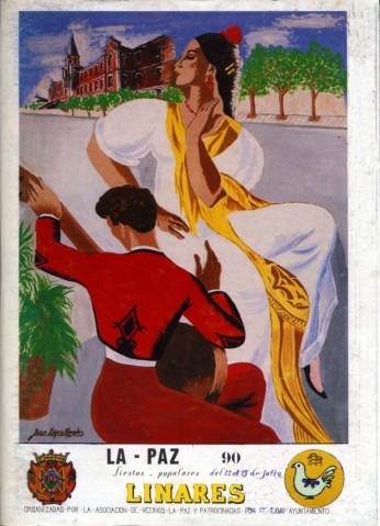 La entrada a la dcada de los 90 supuso cambios importantes en la Feria de La Paz. La Comisin de Festejos debe enfrentar la reduccin del espacio libre para poder ubicar convenientemente casetas, atracciones y tmbolas, todas ellas tan necesarias para el esplendor de esta feria. El programa de fiestas sufre importantes modificaciones, como el cambio del logotipo de la Asociacin. La insignia de la paloma carece ya de la tpica rama de olivo; adems, se incrementan los anuncios que acompaan al programa hasta el punto de lograr superar las cincuenta pginas. La imagen que anuncia esta feria es creada por Juan Lpez y en ella se representa el Hospital de los Marqueses de Linares, motivo quizs proveniente del concurso de pintura al aire libre que se realizara en el entorno del mismo ese ao.