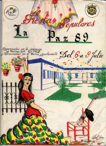 La gran cantidad de casetas y de atracciones mecnicas cautivan a un significativo nmero de visitantes ao tras ao. Sin embargo, hay otras casetas que reclaman nuestra atencin y se ven reflejadas en la portada del programa de mano de 1989, realizado por Del Amo y basado en el hecho en 1987 por Pedro Daz. Los antiguos mdulos escolares, que constituyeron las primeras aulas de las escuelas de la Barriada de Santa Ana, fueron donadas por el Excmo. Ayuntamiento de Linares a la Asociacin de Vecinos de la Barriada de La Paz. Parece que, utilizando distintos bolgrafos de colores, Del Amo, a modo de croquis, realiza un dibujo muy preciso de lo que se llegara a convertirse en sede social de la Asociacin Vecinal. 