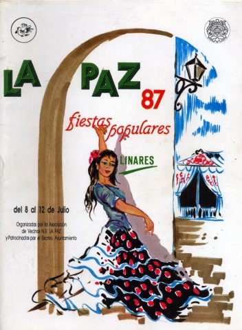 A una dcada de instaurarse la Feria de La Paz, 1987, la recompensa a los organizadores, que ao tras ao venan trabajado con denuedo, les llega a travs de una masiva respuesta de todos los linarenses, que colapsan el amplsimo recinto ferial. Este ao se qued 'en puertas' la realizacin de un festival taurino, encabezado por el torero local Jos Fuentes, no pudindose materializar por diversas circunstancias. Como dato curioso a destacar es la instalacin de un autobs cultural de la Universidad Popular, con exposiciones de pintura y fotografa. Respecto a la imagen del programa podemos decir que es recurrente: una figura de mujer con traje de faralaes. En este caso, es Pedro Daz quien la utiliza bajo un arco con un fondo alegrico de casetas de feria.