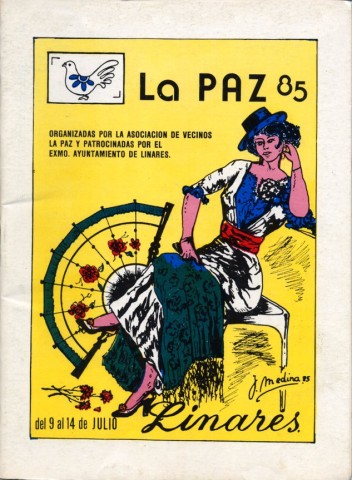 La abigarrada presencia de actividades en la programacin de la Feria de La Paz en 1985, propici la masiva participacin de los linarenses y de otras personas llegadas desde distintos municipios de la provincia. Este ao se consolida el VIII Concurso de Pesca, que se realizaba en Marmolejo. Se retoman los Comits de Honor, pero todos sus integrantes son parte del equipo poltico del Excmo. Ayuntamiento de Linares. Dentro del programa podemos encontrar unas palabras de Juan Campos Oller, ensalzando la barriada y a los hombres y mujeres que en ella residen, por su entrega, capacidad y esfuerzo. El encargado de disear la portada del programa de mano de este ao es J. Medina. Representa una mujer con traje de andaluza sentada y un abanico de fondo, artsticamente decorado.