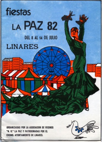 Las fiestas populares de la Paz continan celebrndose y para 1982 la organizacin de los festejos sigue siendo presidida por un Comit de Honor con las primeras autoridades provinciales y locales, pero la verdadera organizadora sera la Asociacin de Vecinos, que sin ms pretensin que la diversin, hizo posible que las fiestas de la barriada destacasen entre el resto de las fiestas vecinales de nuestra ciudad. Como prtico de estas fiestas populares se realizaron las ya tradicionales competiciones deportivas; sin embargo, ste ser el ao en el que se incorpora el I torneo de Ajedrez de la barriada. Elegido como pregonero de Honor encontramos a Brgido Sots, por entonces presidente de la Agrupacin de Cofradas de Linares, quien realiz un maravilloso recorrido por la historia de la ciudad de Linares y dedic unas hermosas palabras para describir aquel barrio de La Paz de 1982. En la portada del programa aparece una bailaora, embutida en un imponente traje verde con bata de cola. Tras ella parece levantarse una gran feria en una vorgine de casetas y bloques de hormign. 